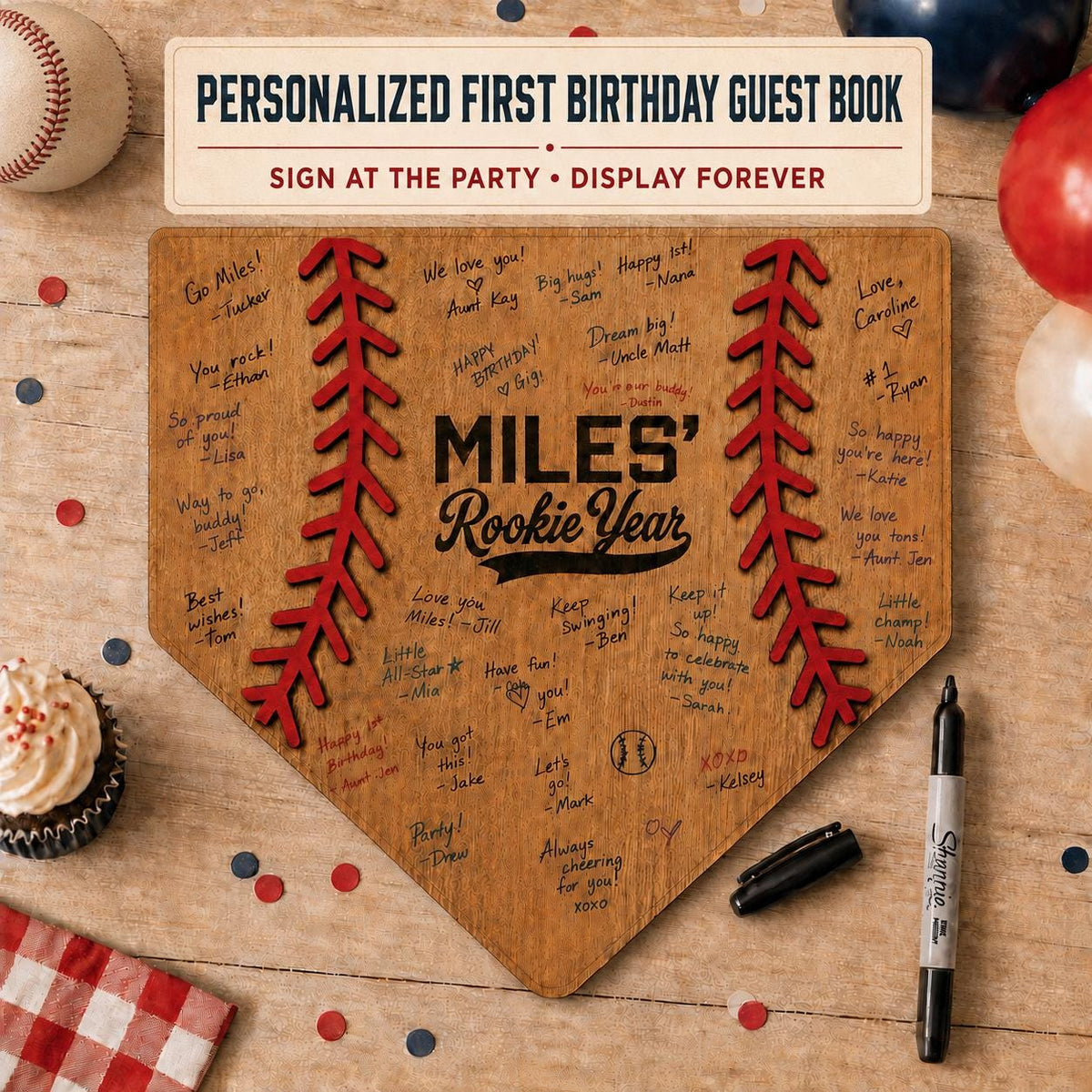 Personalized Rookie Year First Birthday Guest Book Alternative, Baseball Party Decor, Wood Home Plate Sign Keepsake