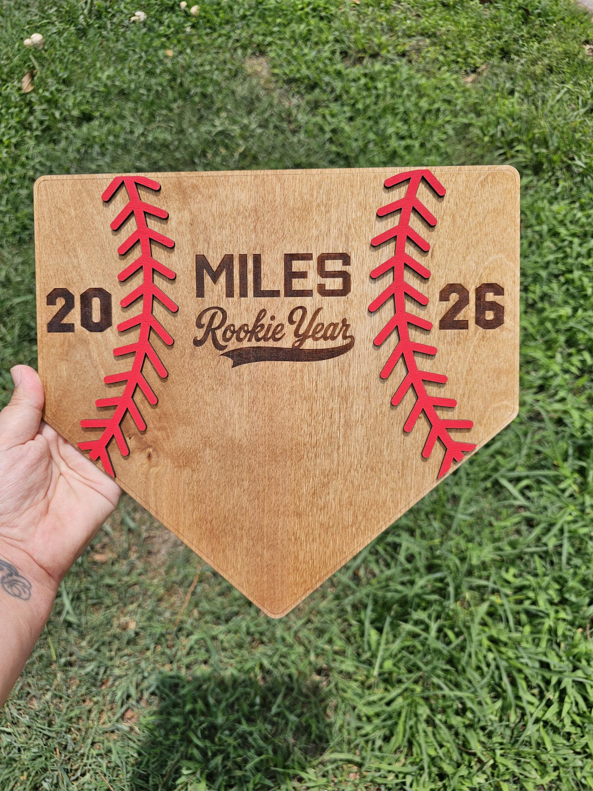 Personalized Rookie Year First Birthday Guest Book Alternative, Baseball Party Decor, Wood Home Plate Sign Keepsake