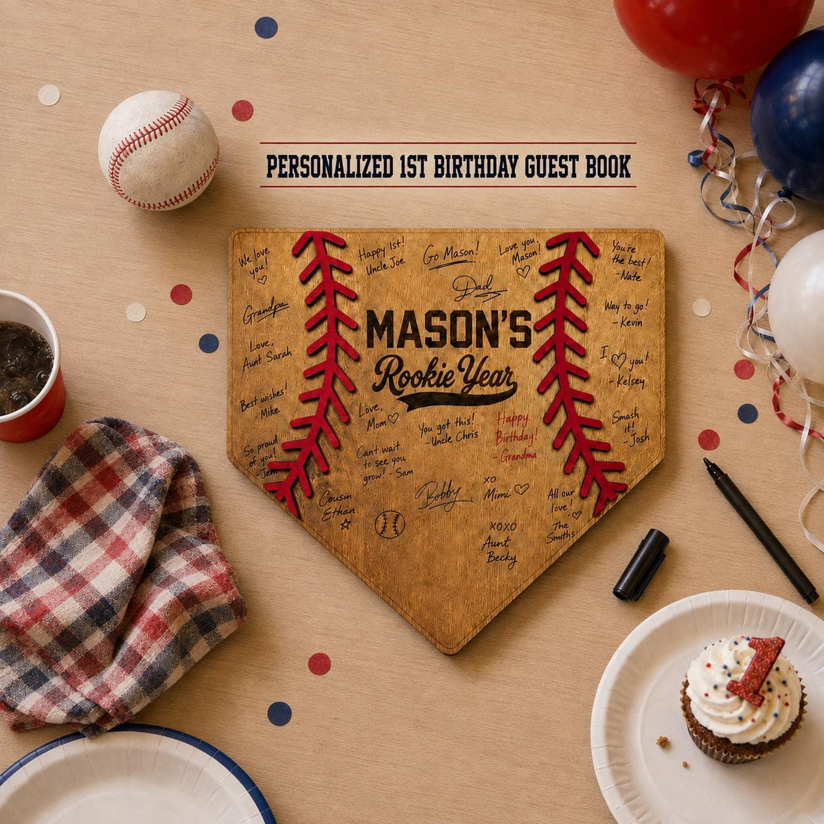 Personalized Rookie Year First Birthday Guest Book Alternative, Baseball Party Decor, Wood Home Plate Sign Keepsake
