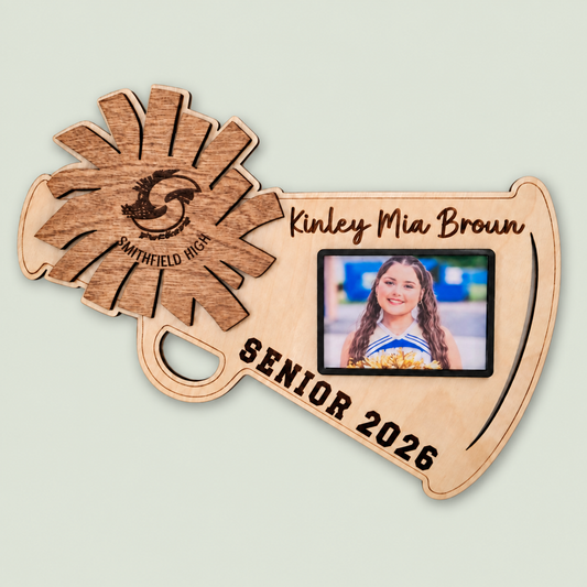 Personalized Senior Cheer Megaphone Photo Plaque, Custom Graduation Gift for High School Cheerleader, Class of 2027 Cheer gift on soft sage background