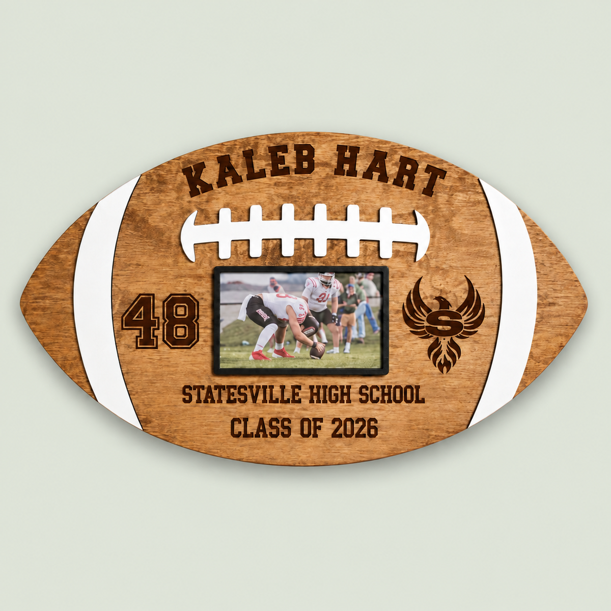 Personalized Wood Football Plaque with Photo | Senior Night Football Gift | Custom Engraved Football Sign | Player Memento on soft sage background