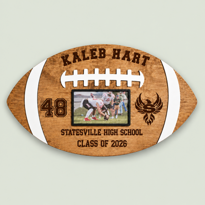 Personalized Wood Football Plaque with Photo | Senior Night Football Gift | Custom Engraved Football Sign | Player Memento on soft sage background