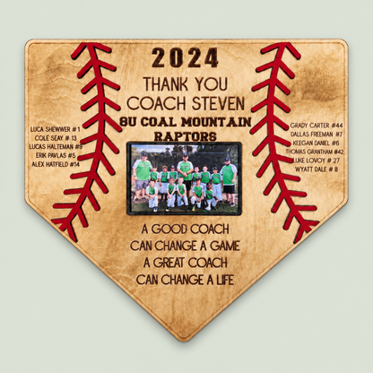 Customizable Wood Baseball Frame, Thank You Coach Gift 2026, Team picture frame, End of Season Coach Gift on soft sage background