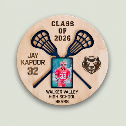 Personalized Lacrosse Senior Photo Plaque | Custom Graduation Gift | 3D Layered Wood Lacrosse Sign | High School Senior Night Decor on soft sage background