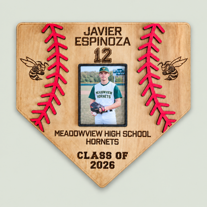 Personalized Baseball Home Plate Sign with Photo | Custom Wooden Baseball Plaque | Senior Night Gift | Coach or Player Gift | Class of 2026 on soft sage background