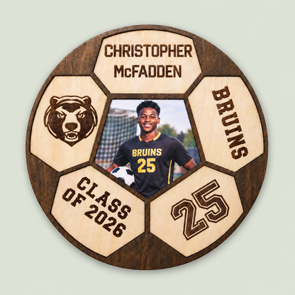 Personalized Soccer Senior Plaque | Senior Night Gift | Custom Photo Soccer Sign | Graduation Soccer Decor | Engraved Wood Soccer Plaque on soft sage background