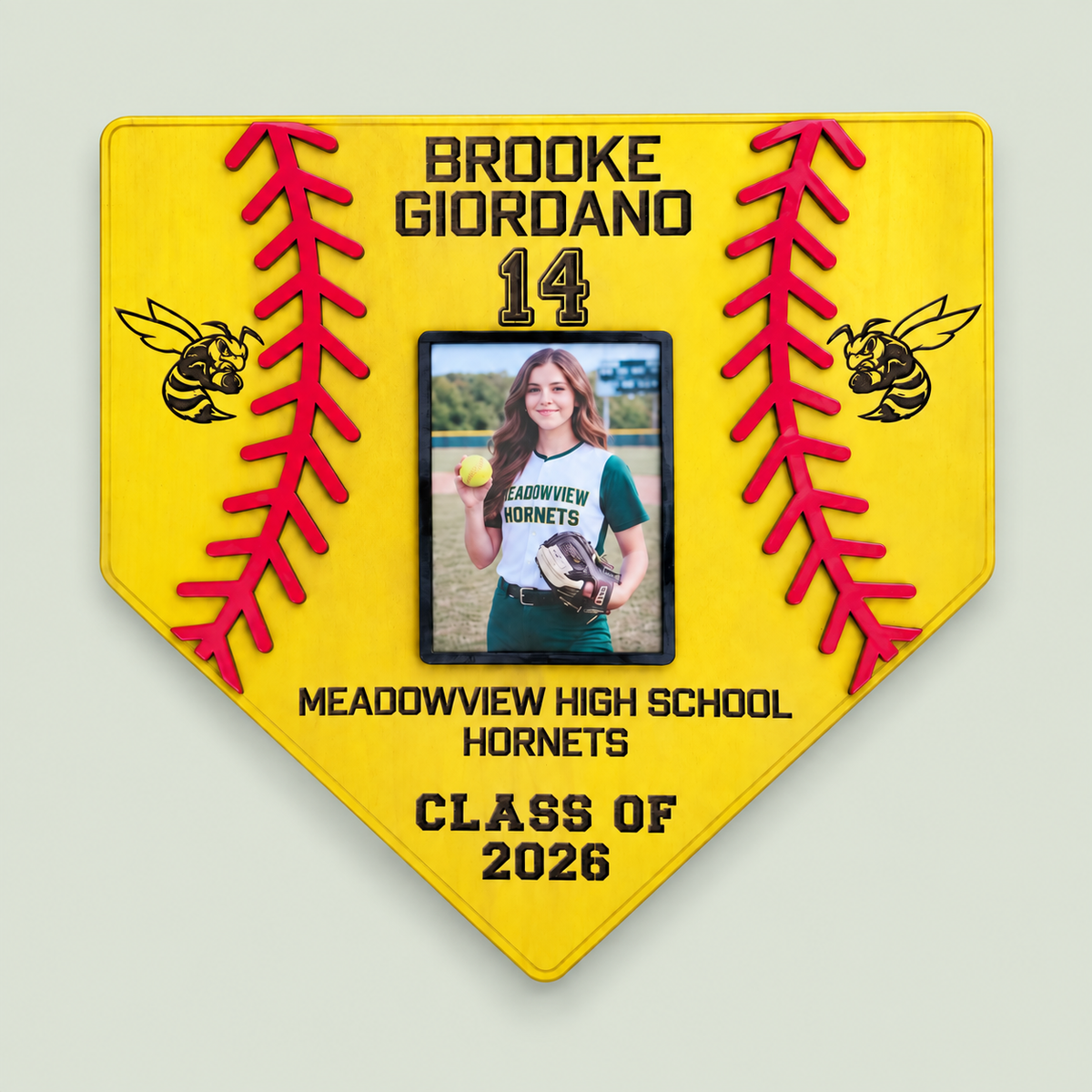 Personalized Softball Engraved Home Plate Sign with Photo | Custom Wooden Softball Plaque | Senior Night Gift | Class of 2026 on soft sage background