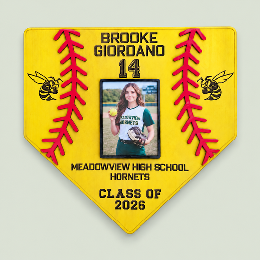 Personalized Softball Engraved Home Plate Sign with Photo | Custom Wooden Softball Plaque | Senior Night Gift | Class of 2026 on soft sage background
