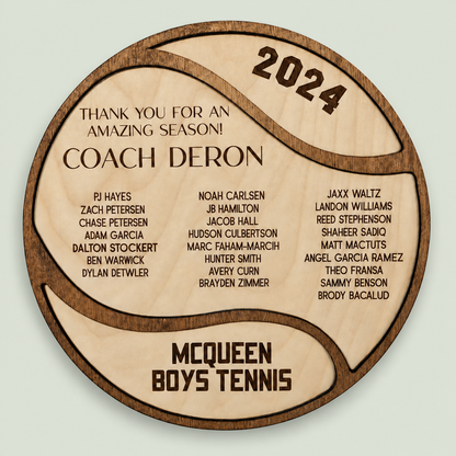 Tennis Coach Plaque, Thank You Tennis Coach Gift, Wood plaque senior gift 2025 2026 Custom Tennis Team Memento, Personalized Tennis ball on soft sage background