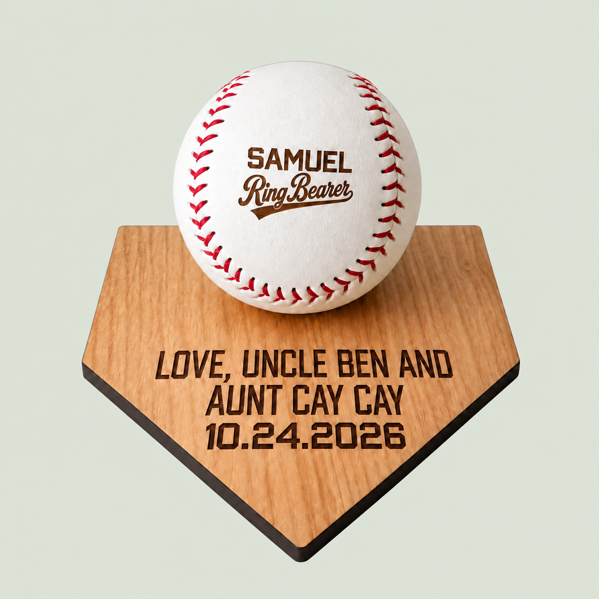 Personalized Baseball Ring Bearer Gift | Custom Engraved Baseball & Holder | Wedding Ring Bearer Proposal | Baseball Wedding Gift for Boys on soft sage background