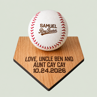 Personalized Baseball Ring Bearer Gift | Custom Engraved Baseball & Holder | Wedding Ring Bearer Proposal | Baseball Wedding Gift for Boys on soft sage background