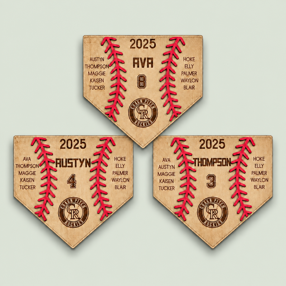 Personalized baseball player plaques on a soft sage background