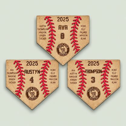 Personalized baseball player plaques on a soft sage background