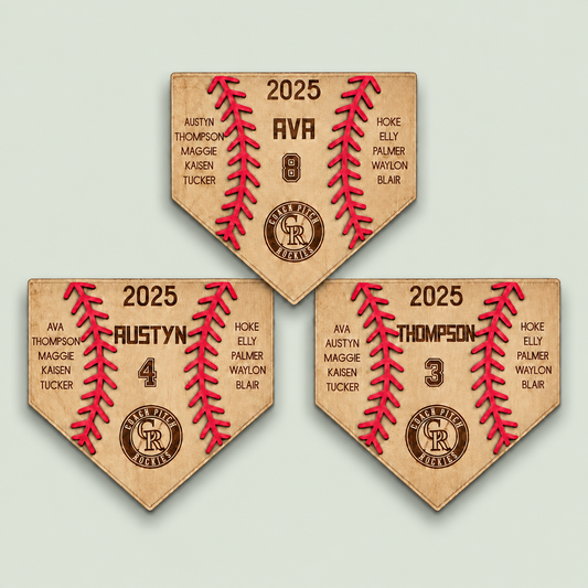 Personalized baseball player plaques on a soft sage background