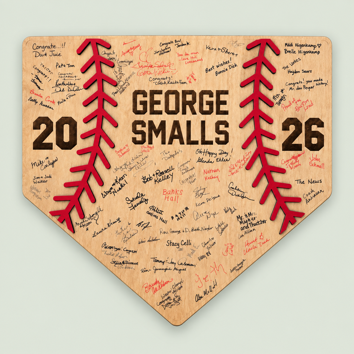 Personalized baseball home plate guest book for graduation and senior-night signatures on soft sage.