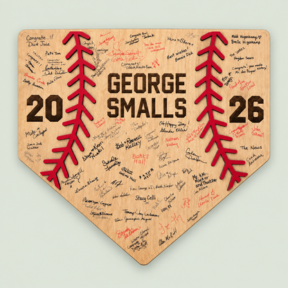 Personalized baseball home plate guest book for graduation and senior-night signatures on soft sage.