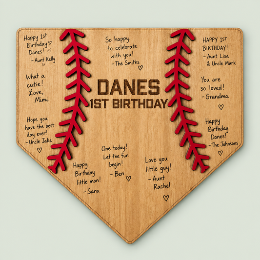 Personalized wooden baseball home plate guest book for a first birthday celebration on soft sage.