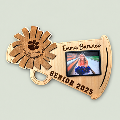 Personalized Cheer Megaphone Photo Plaque, Cheer Senior Gift, Cheerleading Senior Night 2026, Class of 2027, Custom Cheer Banquet Gift on soft sage
