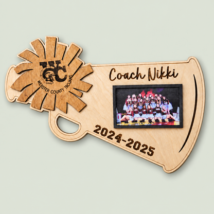 Cheer Coach Gift, Personalized Cheer Megaphone Photo Plaque, Thank You Coach, Senior Night Cheer Gift 2026 on soft sage