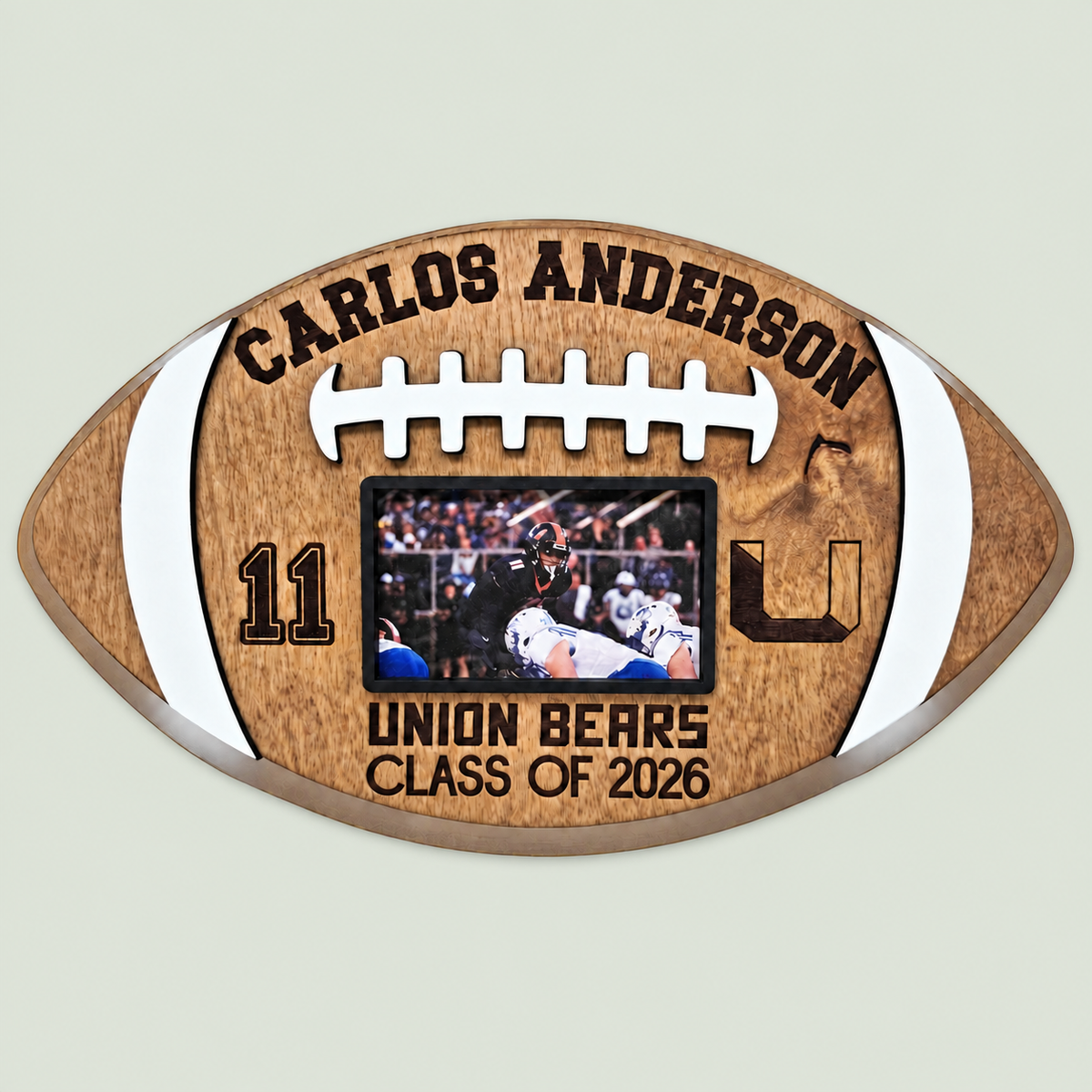 Personalized Football Player Plaque with Photo Graduation 2027 Senior night Gift Customizable Football Award Wood Football Keepsake on soft sage