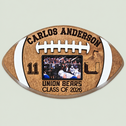 Personalized Football Player Plaque with Photo Graduation 2027 Senior night Gift Customizable Football Award Wood Football Keepsake on soft sage