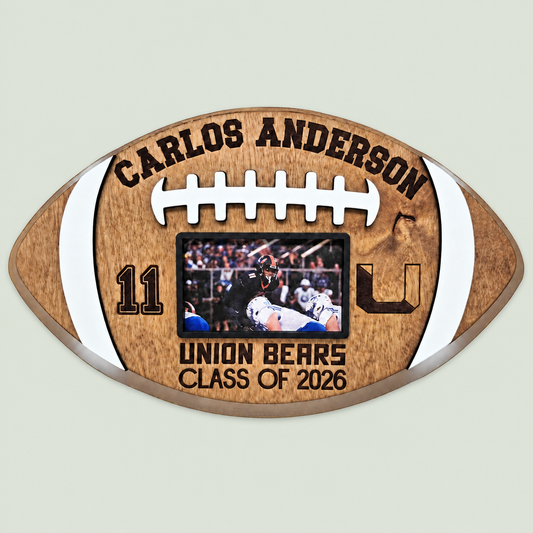 Personalized Football Player Plaque with Photo Graduation 2027 Senior night Gift Customizable Football Award Wood Football Keepsake on soft sage