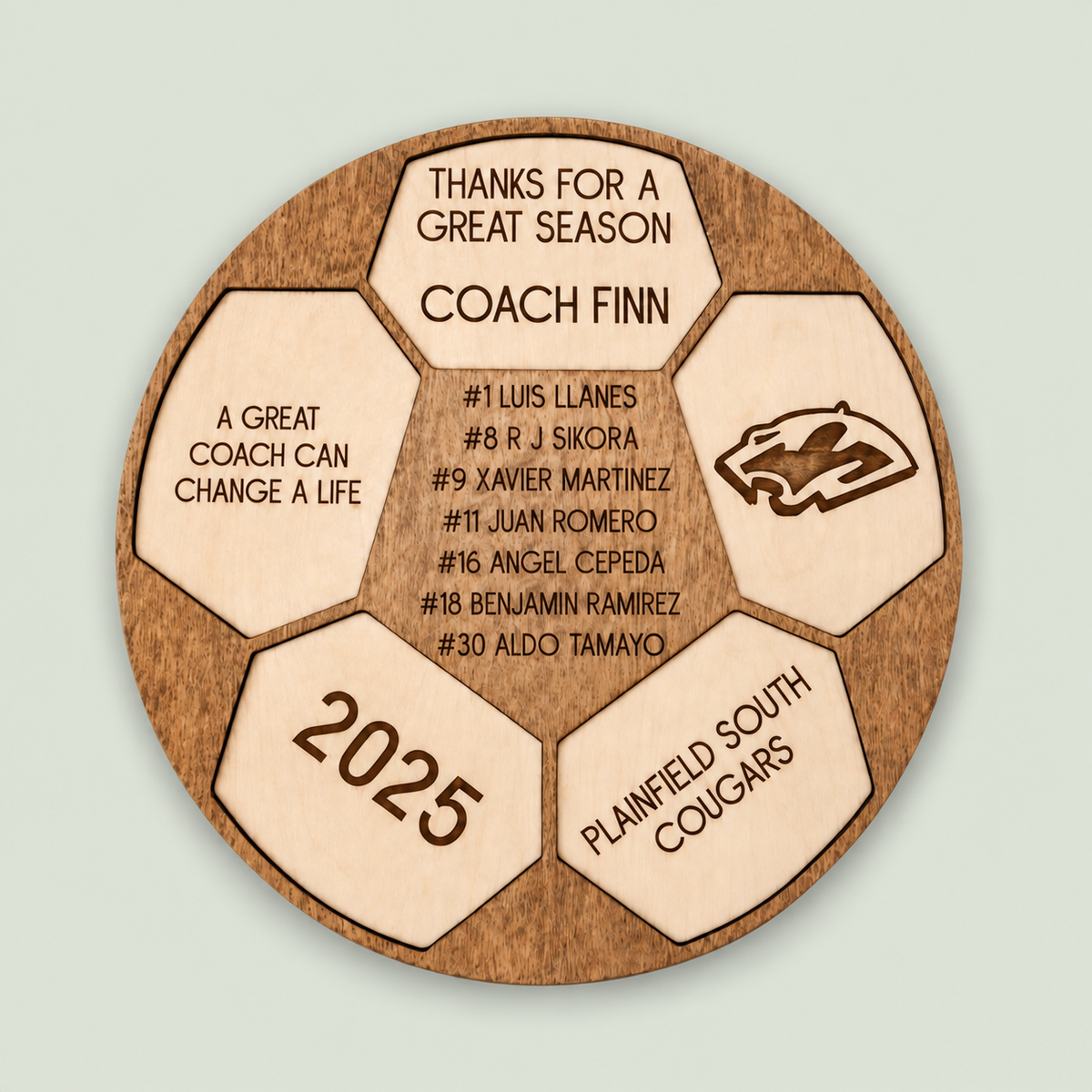 Personalized Soccer Coach's Plaque, Thanks For A Great Season Coach, Custom Engraved Wood Soccer on soft sage