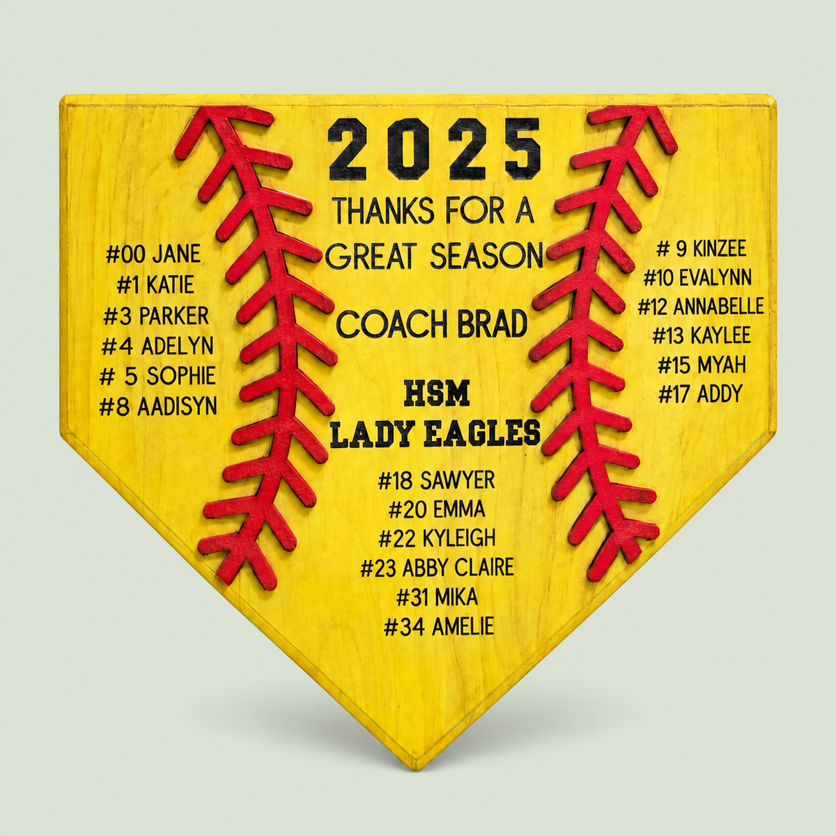 Personalized Softball Coach Gift | Yellow Wood Softball Home Plate Plaque | Custom Coach Gift | End of Season Coach Gift on soft sage