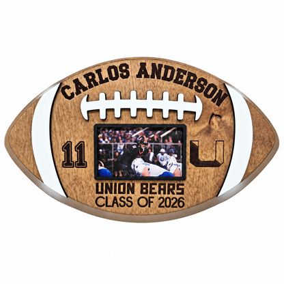 Personalized Football Player Plaque with Photo Graduation 2027 Senior night Gift Customizable Football Award Wood Football Keepsake on a white background