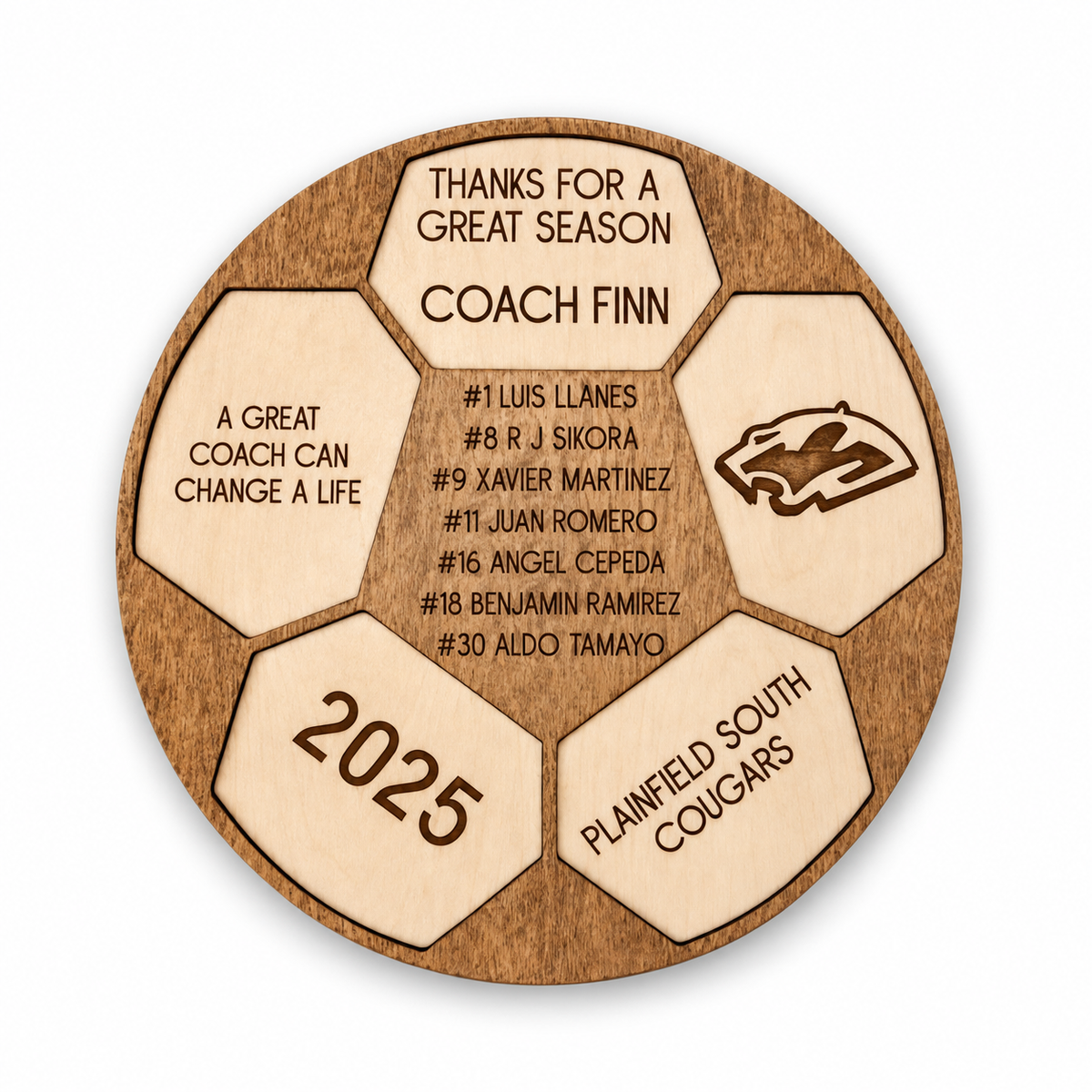 Personalized Soccer Coach's Plaque, Thanks For A Great Season Coach, Custom Engraved Wood Soccer on a white background