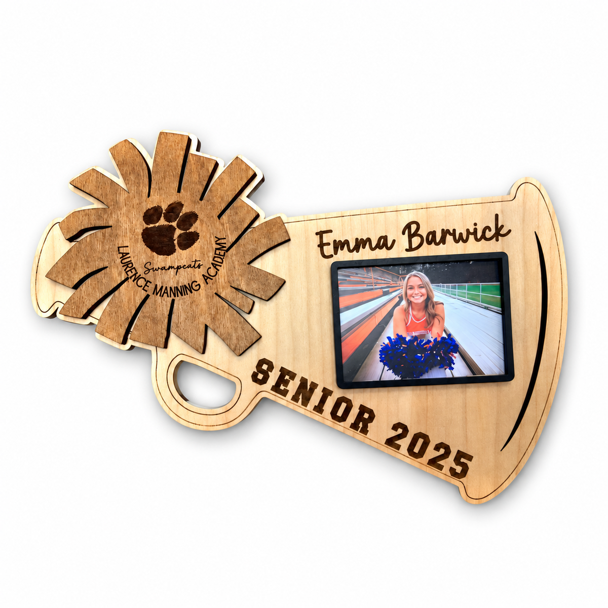 Personalized Cheer Megaphone Photo Plaque, Cheer Senior Gift, Cheerleading Senior Night 2026, Class of 2027, Custom Cheer Banquet Gift on a white background