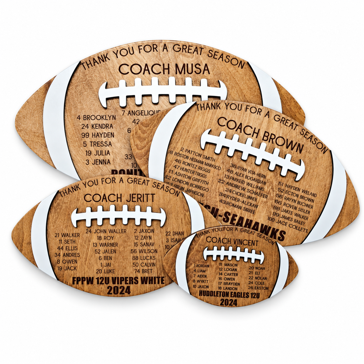 Football Coach Gift, Team Plaque, Thanks For A Great Season Coach Layered Wood Award, Team Mom Gift, Football Trophy on a white background