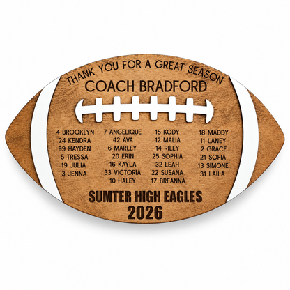 Football Coach Gift, Team Plaque, Thanks For A Great Coaches Gift, Senior Player Gift, Flag Football Award Football Memento, Customized on a white background